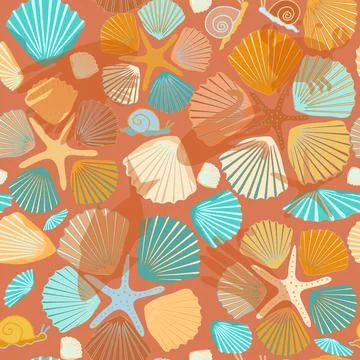 Pattern of multicolored snails and starfish, shells without background Illustrazione stock