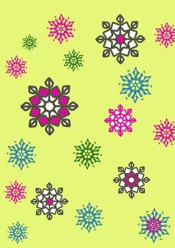 Pattern of Multicolored Snowflakes and Mandala Rosette Ornaments Scattered Acros Stockillustratie