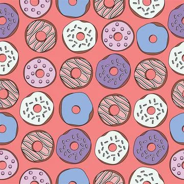 Pattern multicolored sweet delicious donuts with chocolate and jam on a pink bac Stock Illustration