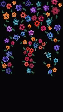 Pattern of multiple bright colored flowers on black background Stock Illustration