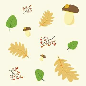 Pattern of mushroom leaves and rowan twigs. Vector illustration. Stock Illustration
