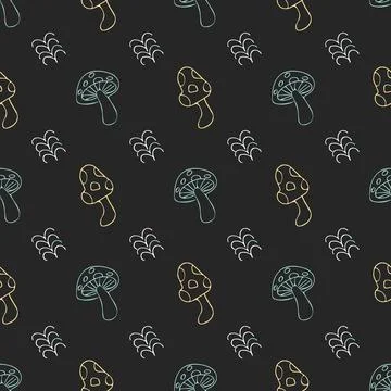 A pattern of mushrooms and twigs on a black background Stock Illustration