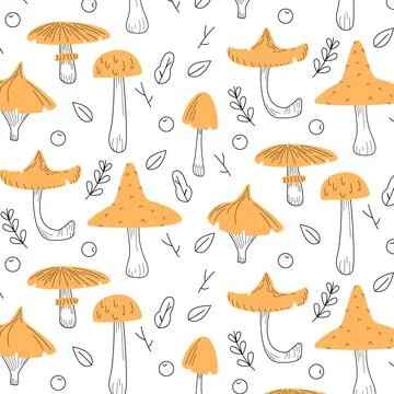 Pattern mushrooms in flat style with lines, on a white background, print イラスト素材