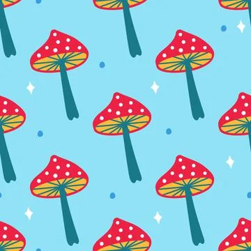 A pattern of mushrooms in the retro style of the 70s. Good vibes multi-colore Stock Illustration