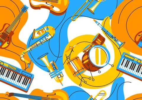 Pattern with musical instruments. Jazz, blues and classical music. Stock Illustration