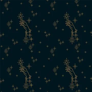The pattern of a mystic hand. Hand drawn with twinkling stars. Seamless Vector Stock Illustration