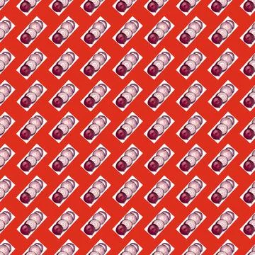 Pattern, natural purple bow, onion rings, isolated on red and white backgroun Illustrazione stock