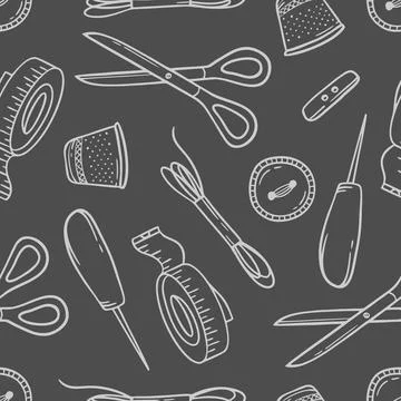 Pattern needlework sewing knitting white doodle on gray background Vector ill Stock Illustration