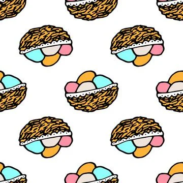 Pattern of Nests with painted eggs for Easter. seamless pattern of hand-drawn Stock Illustration