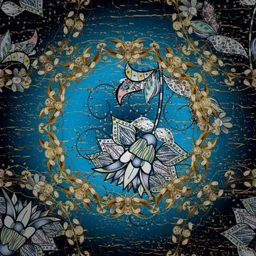 A pattern of neutral, black and blue daisies on a neutral, black and blue colors Illustrazione stock