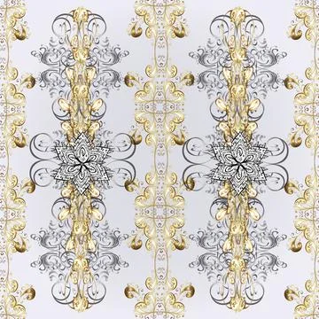 Pattern on neutral, gray and beige colors with golden elements. Patina. Carving. Stock Illustration