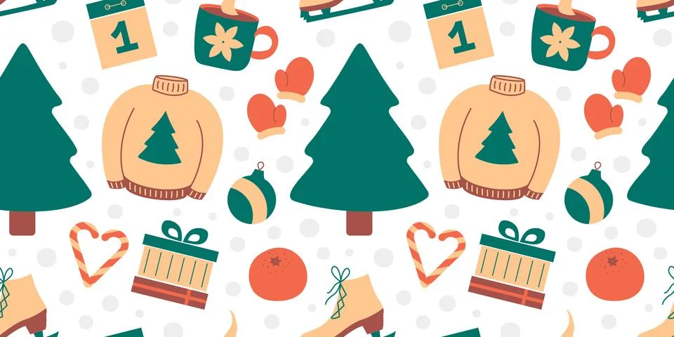 Pattern of New Year items. Christmas tree, calendar and gift. Skates, gloves and Stock Illustration