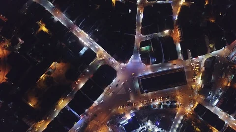 Pattern night illumination streets traffic interchanges transport Drone Video stock 107121528