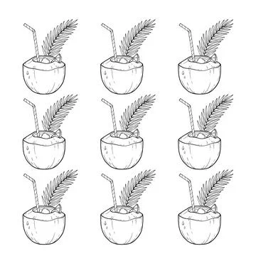 Pattern of nine coconut drinks with palm leaves and straws, black and white.. Stock Illustration