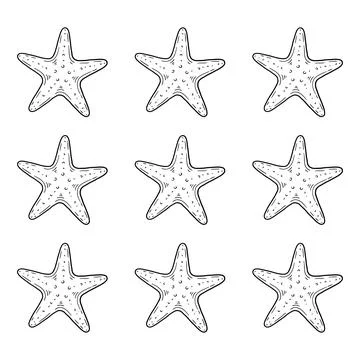 Pattern of nine identical starfish in black line style, isolated on a white.. Stock Illustration