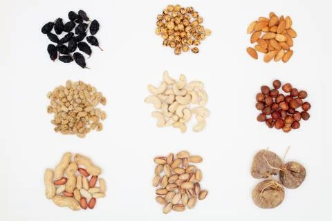 Pattern of nuts form. Various nuts isolated on white Stock Photos