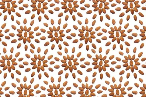 Pattern of Nuts - peeled almonds on a white background in the form of a circl 스톡 사진