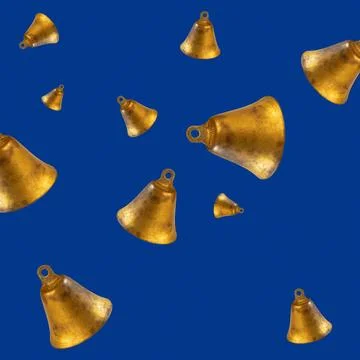 A pattern of old bronze bells randomly arranged on a blue background Foto stock