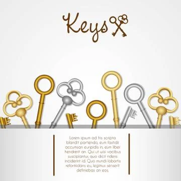 Pattern of old keys gold and silver on white background Illustrazione stock