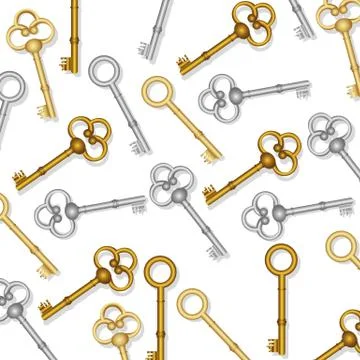 Pattern of old keys gold and silver on white background Stock Illustration