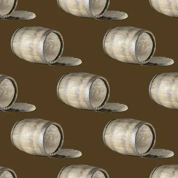 Pattern with old oak barrels on a brown background Stock Photos