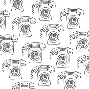 A pattern of old telephone receivers line art drawing on a white background. Bac Stock Illustration