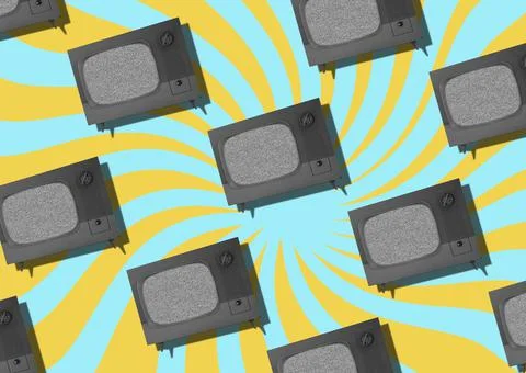 Pattern with old TVs on a yellow psychedelic background. retro art collage. Stock Photos