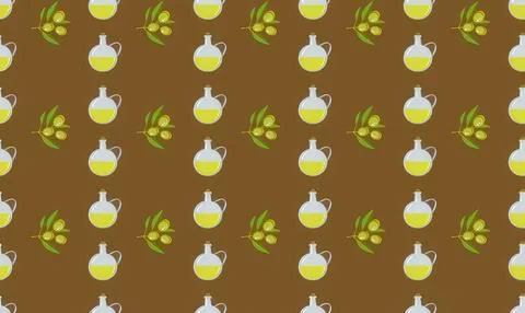 Pattern of olive oil bottles and olives on brown background Stock Illustration