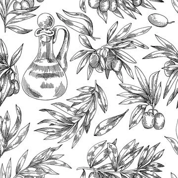 Pattern with olives in the style of engraving, black and white drawing, organic Stock Illustration