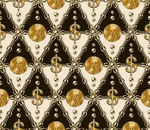 Pattern with one dollar coins, sign, chains, beads Illustrazione stock