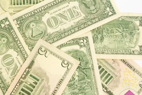 Pattern of one two and five dollar bills. close up Stock Photos