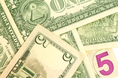 Pattern of one two and five dollar bills. close up Stock Photos