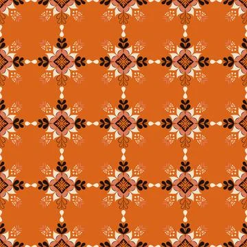 A pattern of orange and black flowers is displayed on a bright orange backg.. Stock Illustration