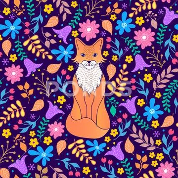 Pattern with orange fox and flowers Stock Illustration