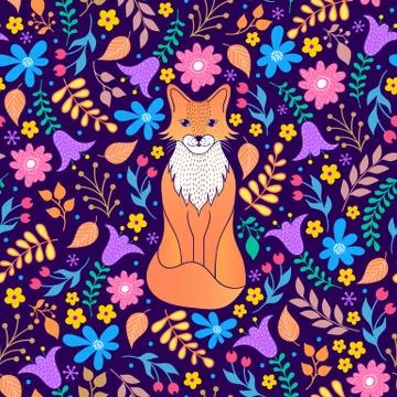 Pattern with orange fox and flowers Stock Illustration