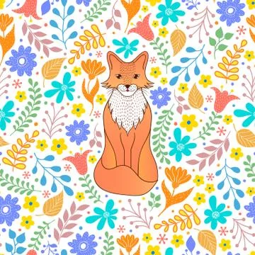 Pattern with orange fox and flowers Illustrazione stock