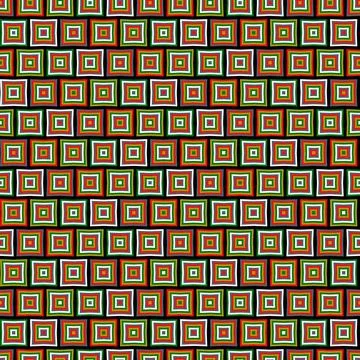 A pattern on an orange, green and red fabric with black squares Illustrazione stock