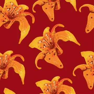 Pattern with orange lilies on red background. . Stock Illustration