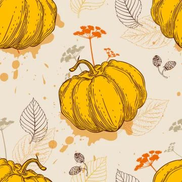 Pattern with orange pumpkin and leaves Stock Illustration