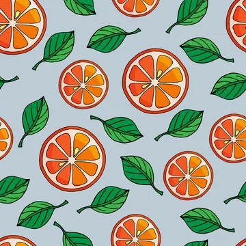 Pattern orange slices with green leaves on blue gray Stock Illustration