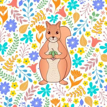 Pattern with orange squirrel and flowers Stock Illustration