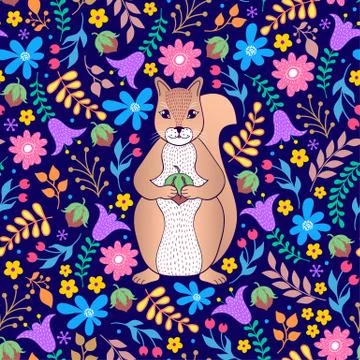 Pattern with orange squirrel and flowers Stock Illustration