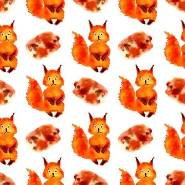 Pattern orange squirrels and watercolor stains Illustrazione stock