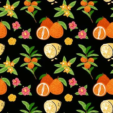 Pattern with oranges fruit and flowers. Bright seamless for kitchen design Stock Illustration