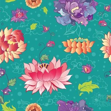 Pattern with oriental, asian flowers Stock Illustration