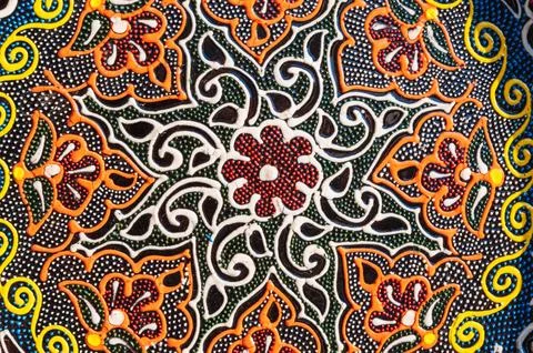 Pattern on oriental Uzbek ceramic plates hand-painted in Asian style close up Stock Photos