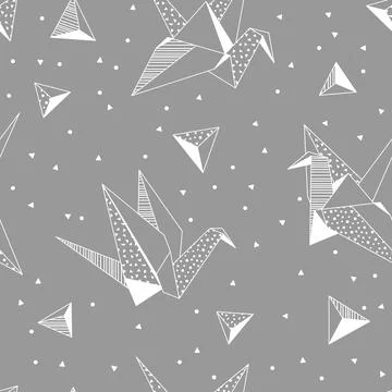 Pattern with origami cranes. Paper symbolic decorative objects. Illustrazione stock