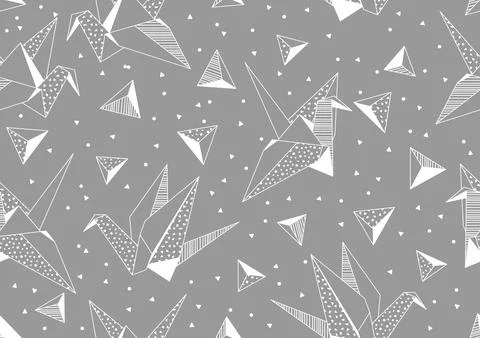 Pattern with origami cranes. Paper symbolic decorative objects. Stock Illustration