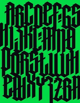 Pattern, ornament in the Gothic style. Vector. Alphabet. Symbols are black on Stock Illustration