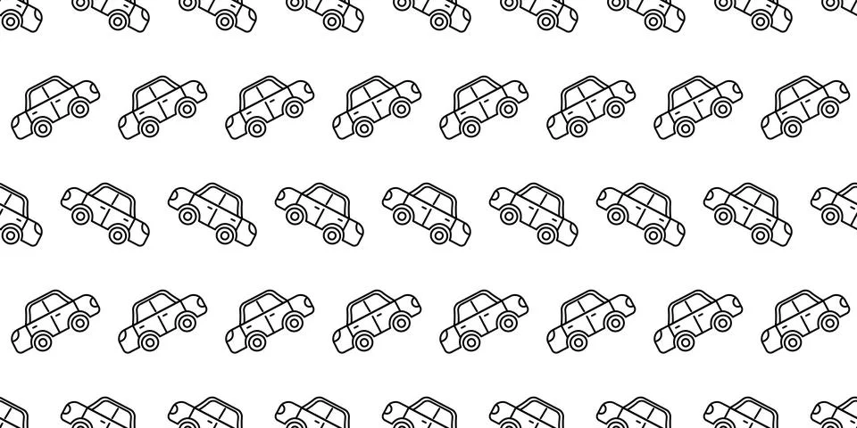 Pattern of outline Car in a Row. Linear Sedan seamless print. Outline automobile Stock Illustration